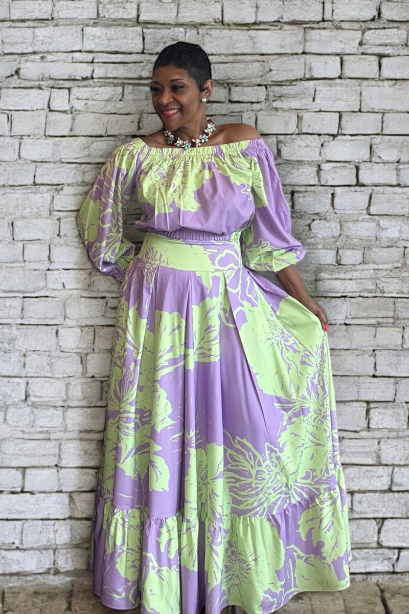 green and purple maxi dress Lilac Purple Floral-Print Long Prom Dress A1135 Lilac / 2 main image 1