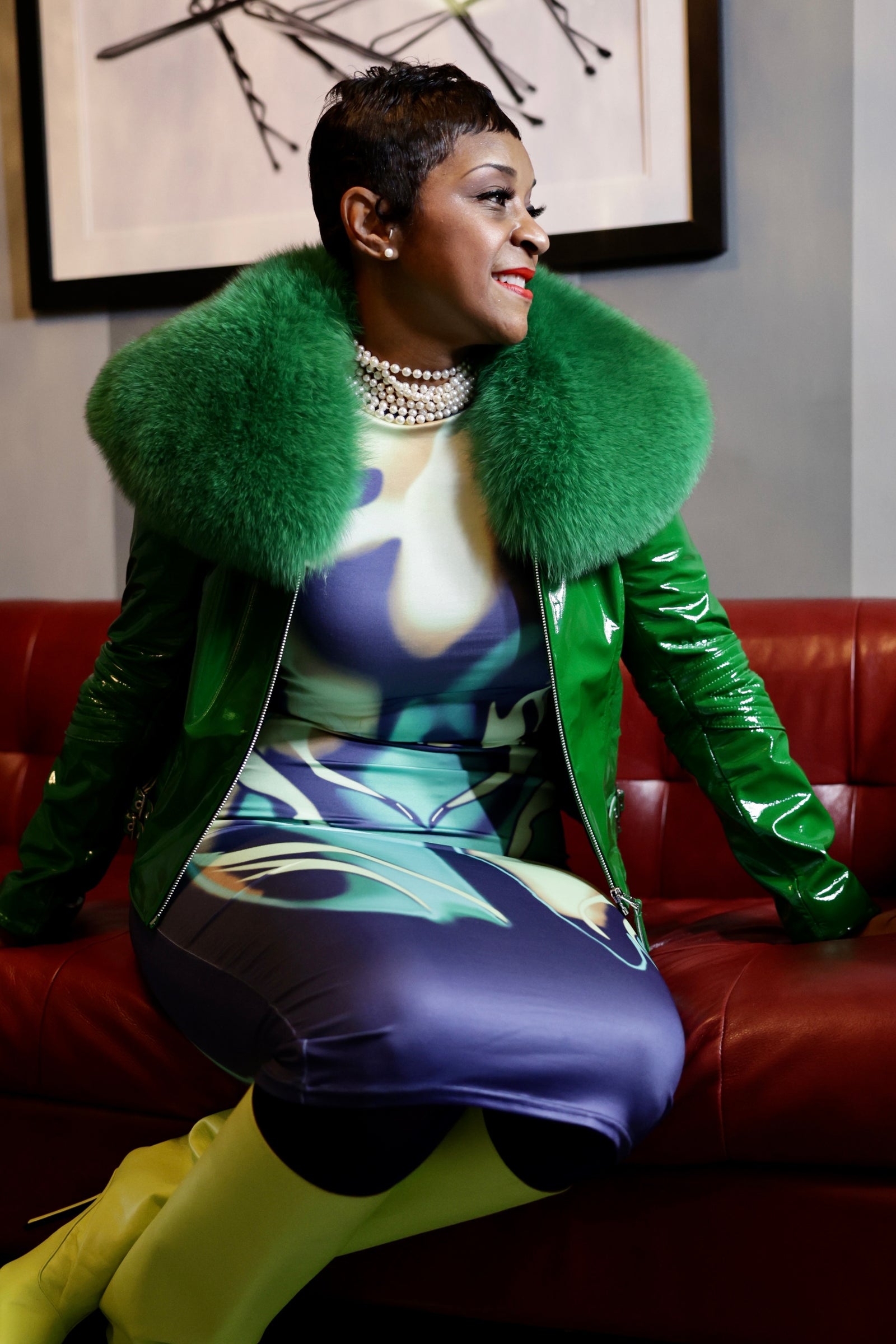 希少✨メアグラーティア Reversible bal collor coat 緑 Green Faux Leather Coat - Belted with Faux Fur Trim – FINESSE