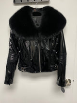 PATENT LEATHER WITH OVERSIZED FOX COLLAR MOTO STYLE JACKET                                   (PRE-ORDER AVAILABLE)