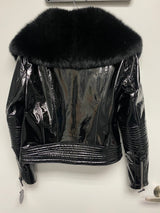 PATENT LEATHER WITH OVERSIZED FOX COLLAR MOTO STYLE JACKET                                   (PRE-ORDER AVAILABLE)