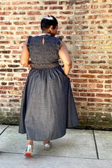 SMOCKED DENIM MIDI
