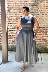SMOCKED DENIM MIDI