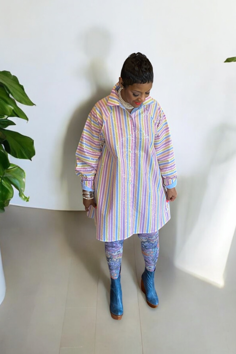 SEQUINED MULTICOLORED STRIPED SHIRT DRESS