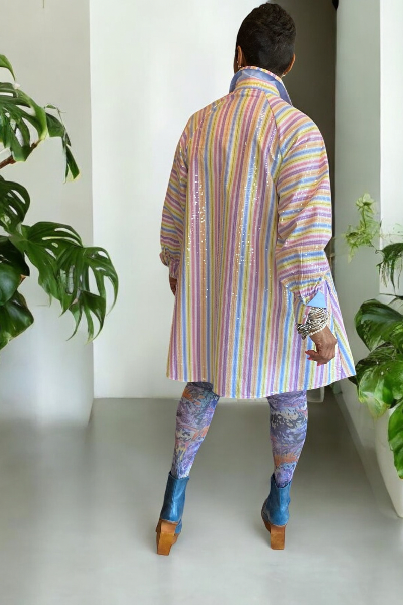 SEQUINED MULTICOLORED STRIPED SHIRT DRESS