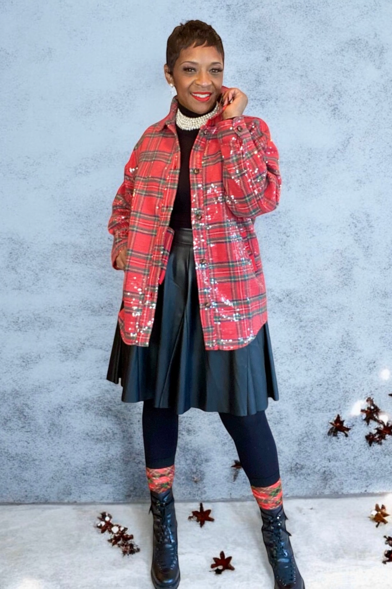 CLEAR SEQUIN PLAID CHRISTMAS SHIRT/JACKET