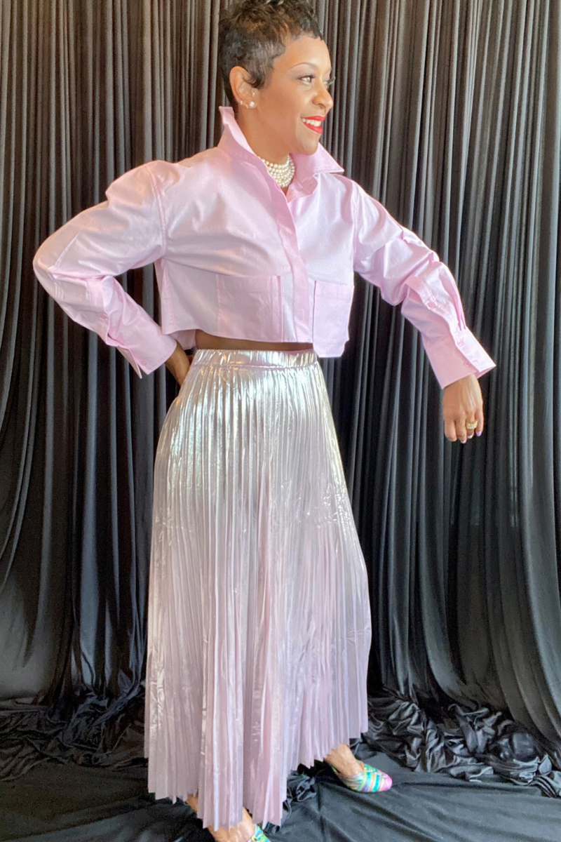 Pale pink metallic skirt best sale