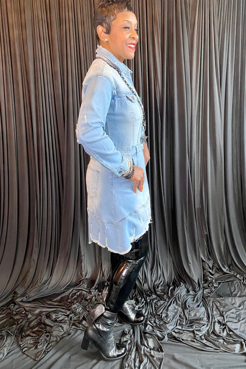DISTRESSED DENIM JACKET-DRESS Variations Style DISTRESSED DENIM JACKET-DRESS Variations Style