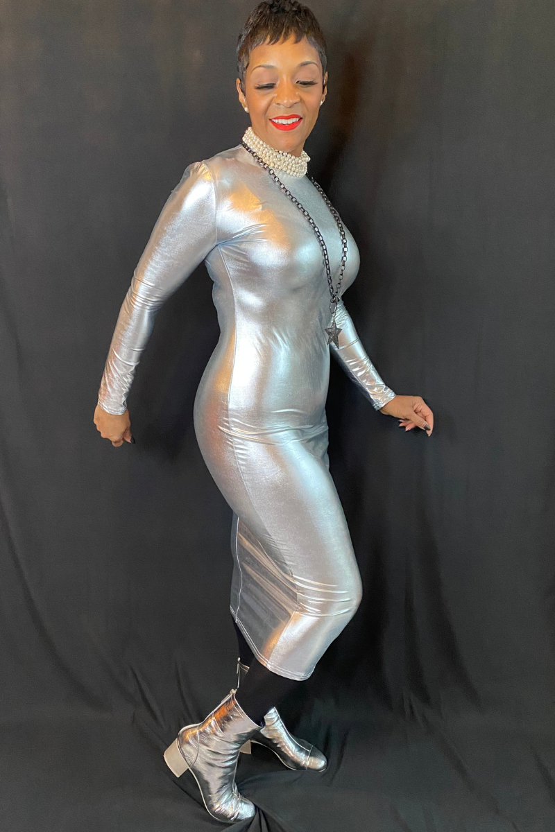 METALLIC SILVER MOCK NECK MIDI