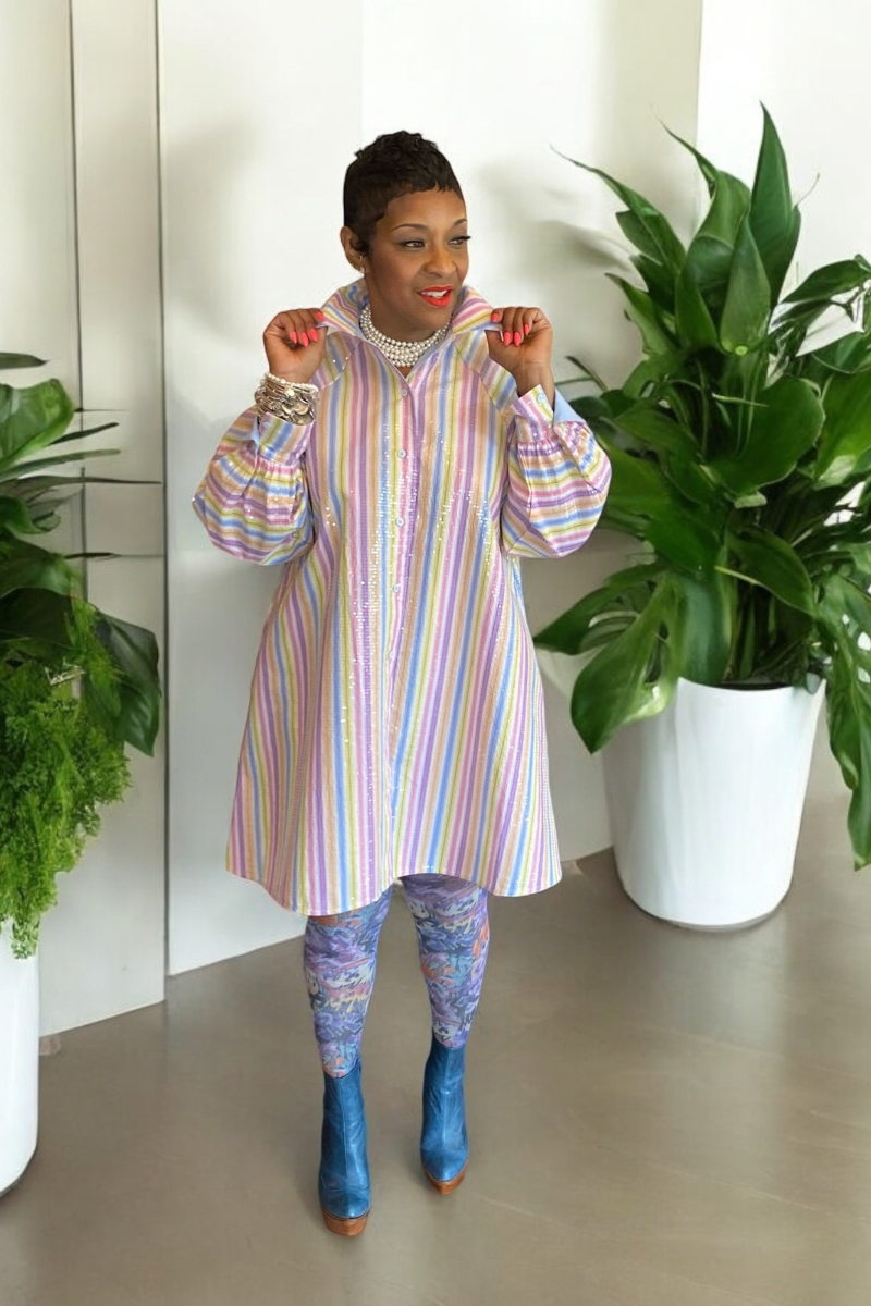 multi coloured striped shirt dress Cute Rainbow Striped Dress - Long Sleeve Dress - Shirt Dress