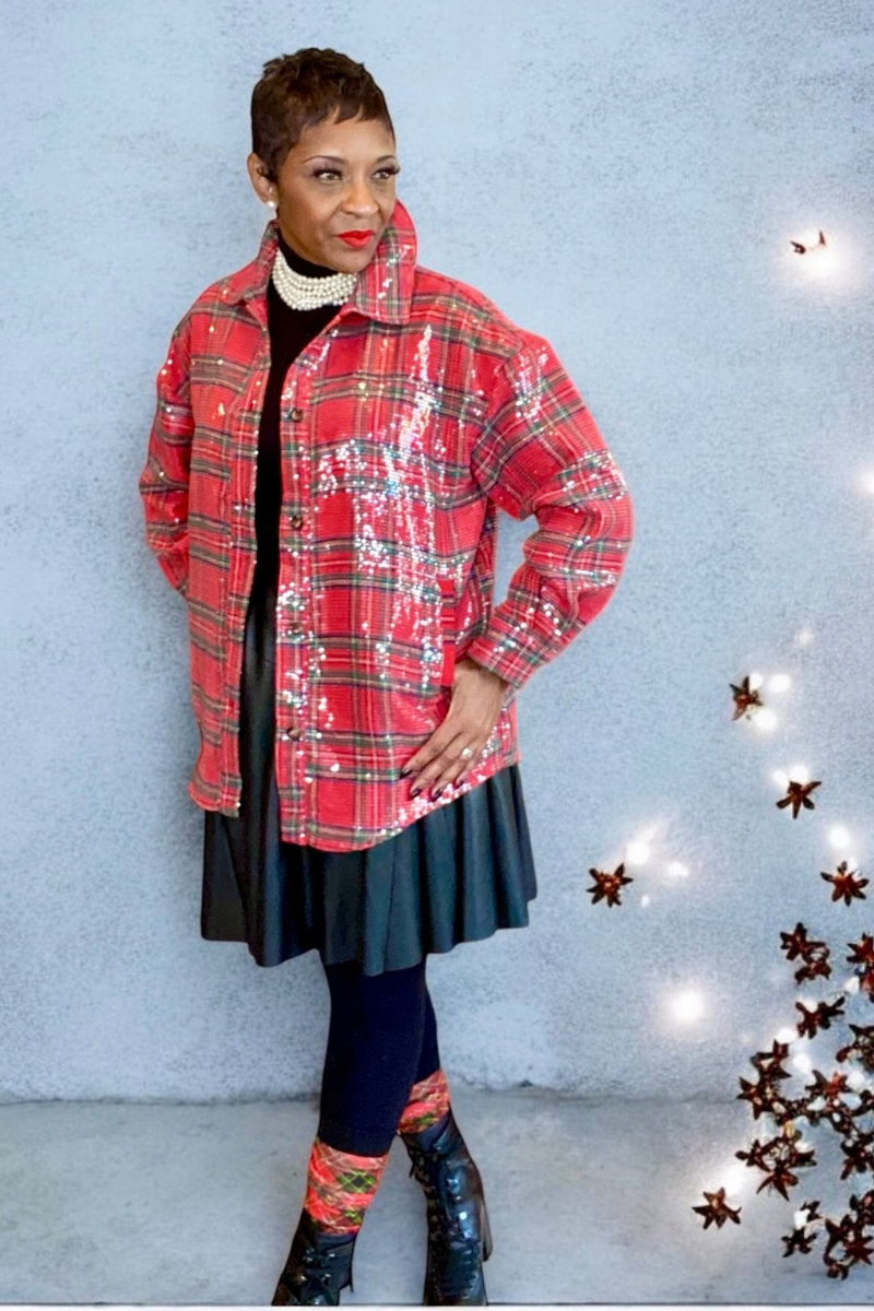 CLEAR SEQUIN PLAID CHRISTMAS SHIRT/JACKET