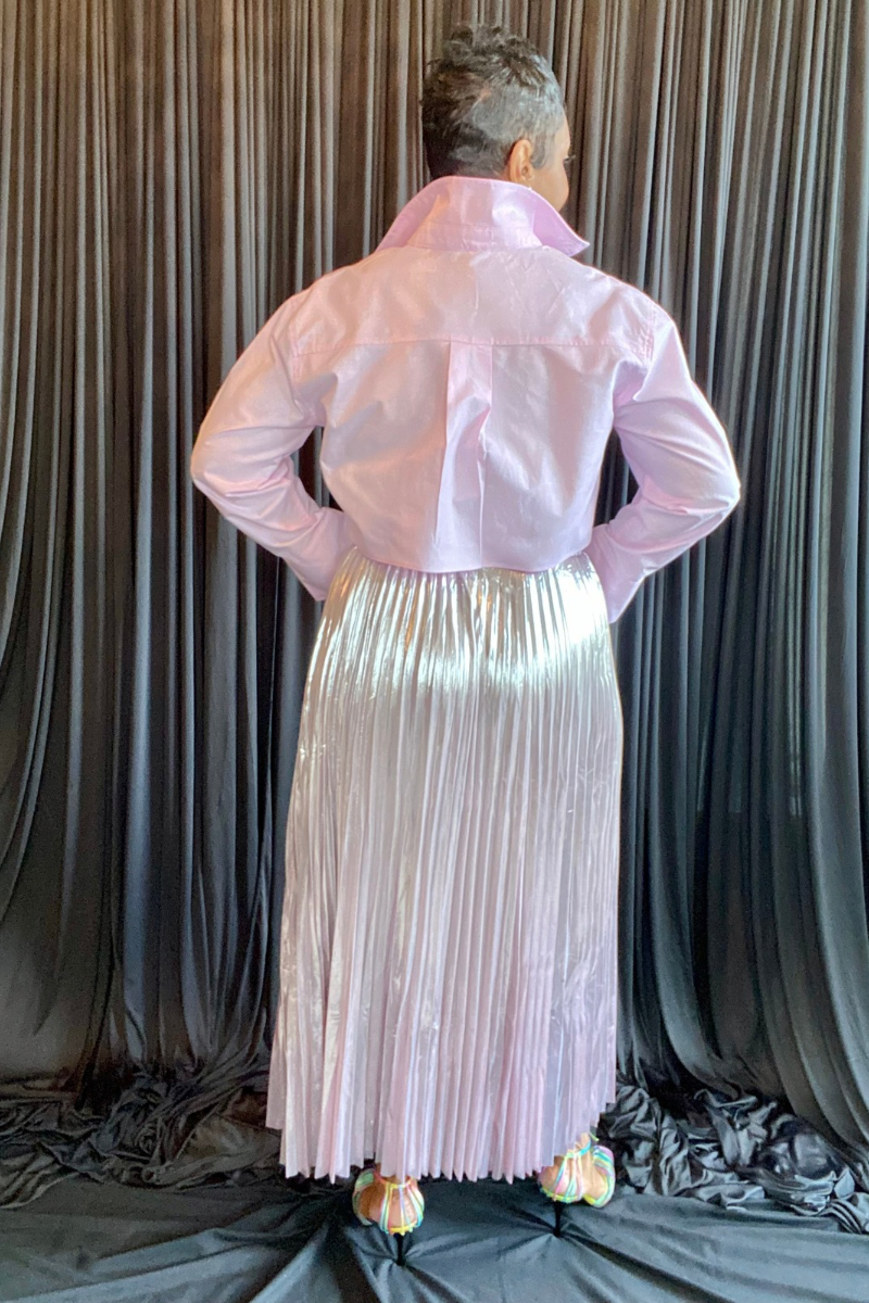 PALE PINK METALLIC PLEATED MAXI