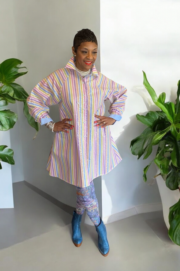 SEQUINED MULTICOLORED STRIPED SHIRT DRESS